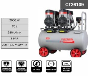 كمبروسر هواء بدون زيت 70 لتر - 2 وحدة × 1450 واط | قوة مضاعفة